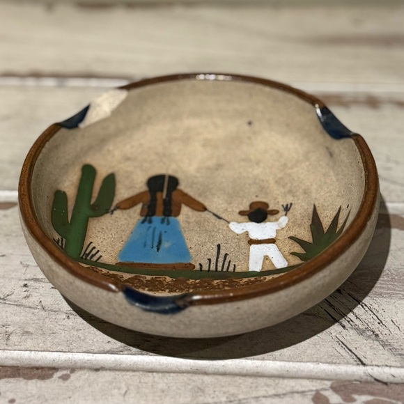 Mexican Ashtray Sandstone Mother Child Signed - Picture 1 of 5